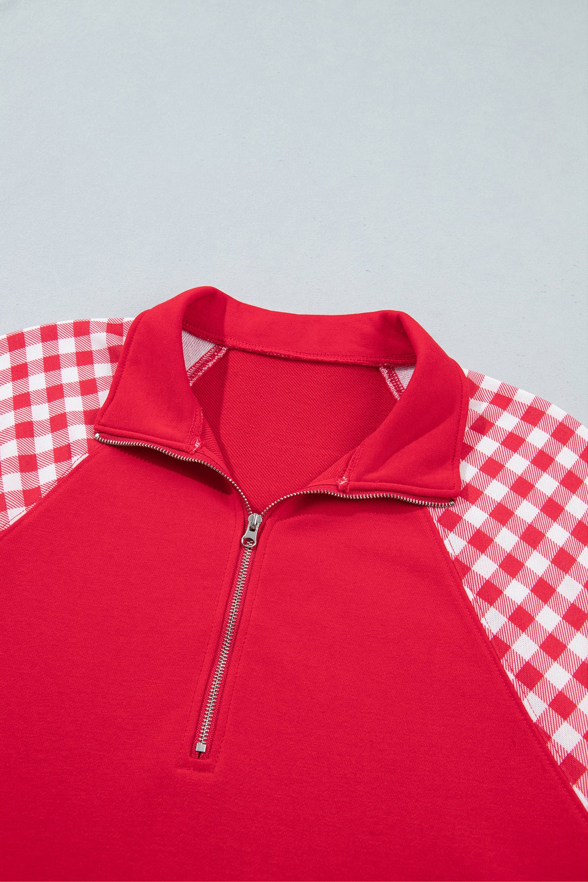 Racing Red Patchwork Plaid Pocket Quarter Zip Sweatshirt