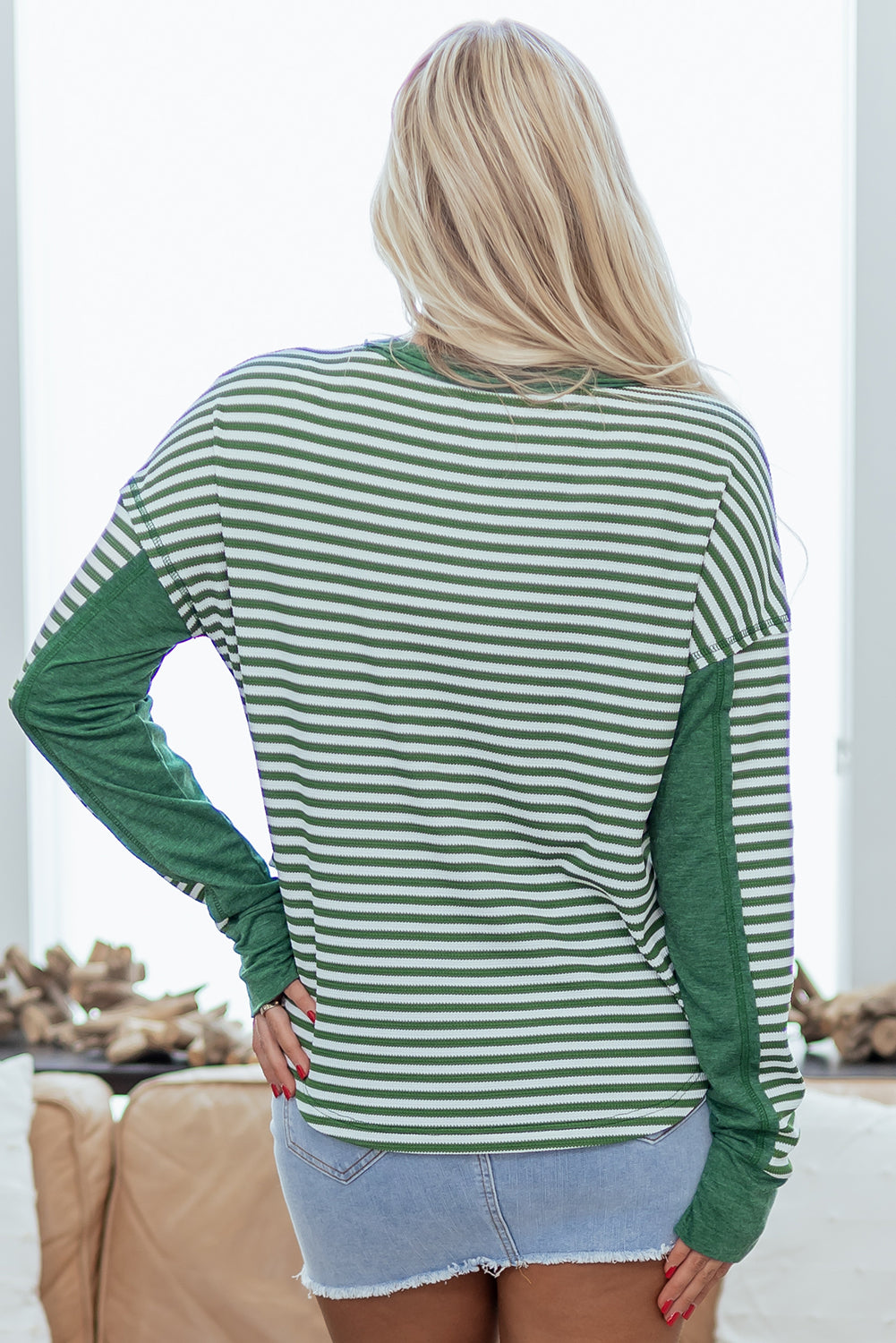 Green Stripe Thermal Knit Drop Shoulder