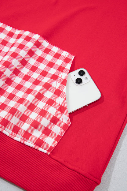 Racing Red Patchwork Plaid Pocket Quarter Zip Sweatshirt
