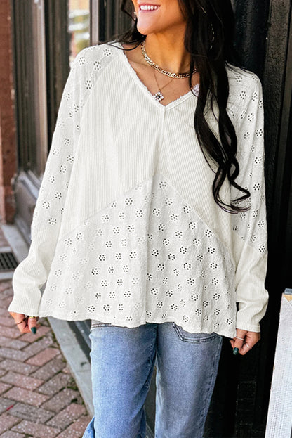 White Twisted Rib V Neck Long Sleeve Top