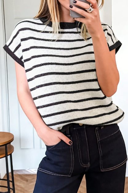 Black Stripe Bow Short Sleeve Sweater