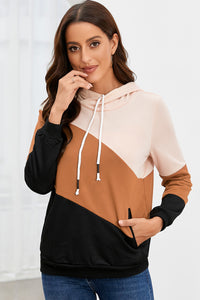 Khaki Color Block Long Sleeve Pullover Hoodie