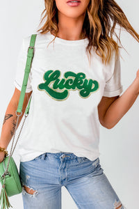 White St Patrick Lucky Chenille Glitter Patched Graphic T Shirt