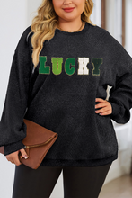 Load image into Gallery viewer, Black Chenille LUCKY Patch Plus Size Corded Graphic Sweatshirt