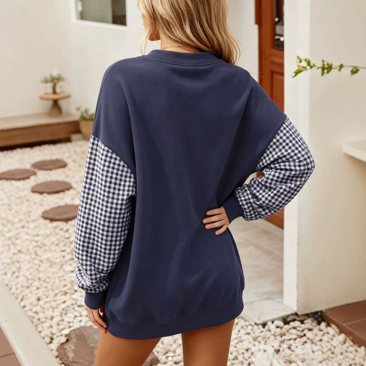 Plaid Color Block Oversized Sweatshirt Casual Fall Pullover