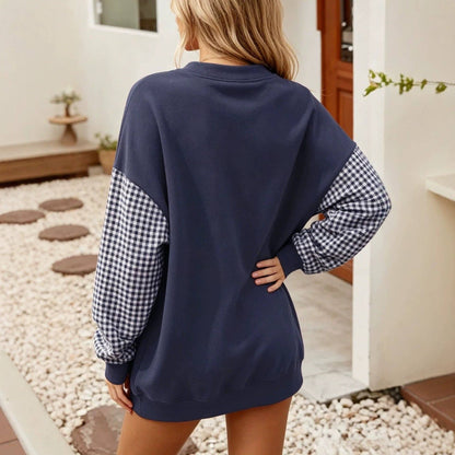 Plaid Color Block Oversized Sweatshirt Casual Fall Pullover