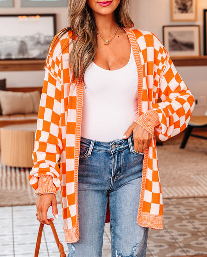 Orange Checkered Drop Shoulder Cardigan