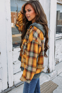 Grey Plaid Patchwork Frayed Trim Snap Button Hooded Jacket