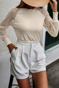 Ribbed Solid Color Striped Mesh Long Sleeve Top