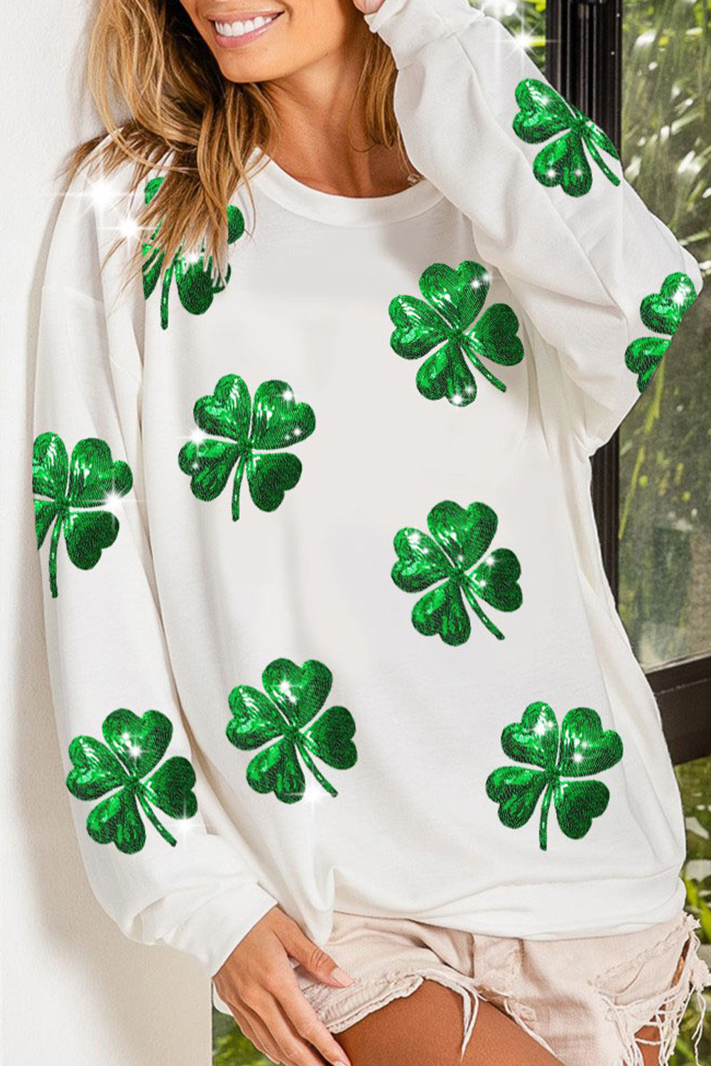 White Sequin Four Leaf Cover Graphic Sweatshirt