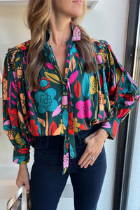 Heather-Floral Knot Split Neck Puff Sleeve Blouse