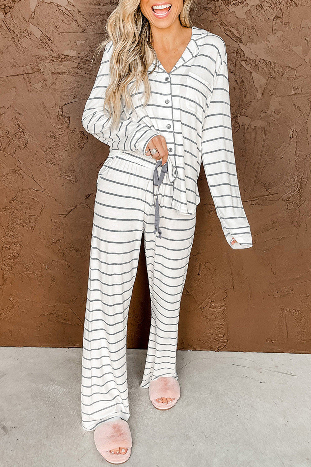 Striped Print Long Sleeve and Pants Pajamas Set