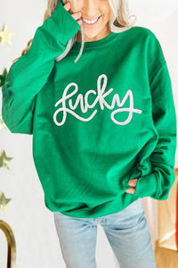 Green Lucky Letter Embroidery Print Drop Sleeve Sweatshirt