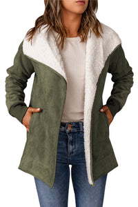 Green Faux Suede Fleece Lined Open Front Jacket