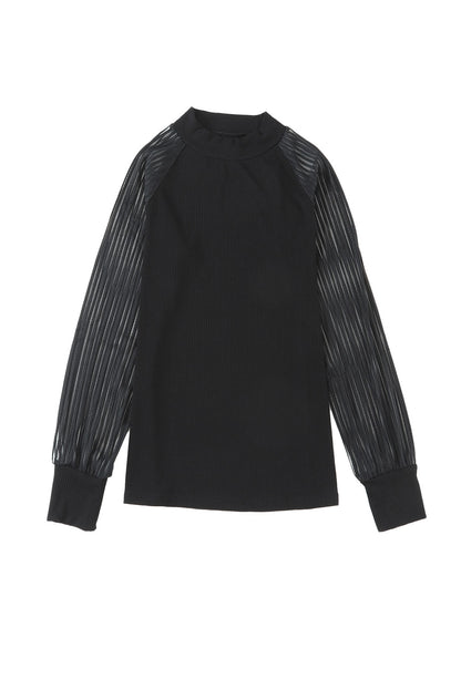 Ribbed Solid Color Striped Mesh Long Sleeve Top