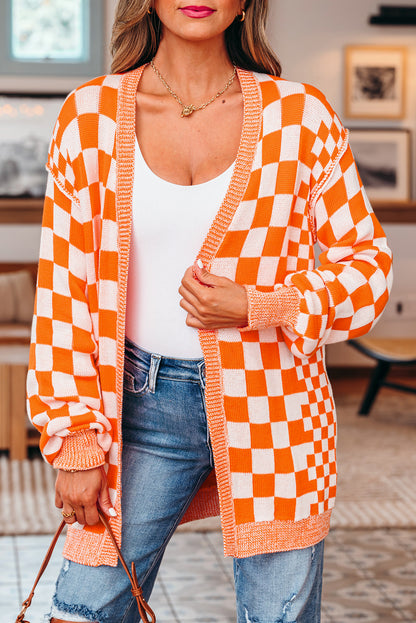 Orange Checkered Drop Shoulder Cardigan