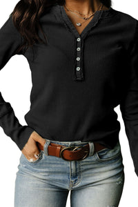 Gray Solid Color Waffle Knit Long Sleeve Henley Shirt