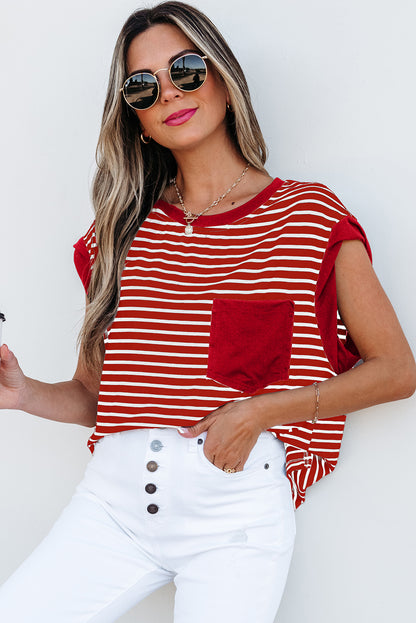 Rebecca-Red Stripe Chest Pocket Tank Top