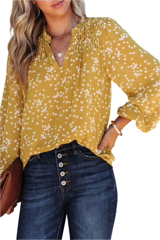 Frill Split V Neck Boho Crinkled Blouse
