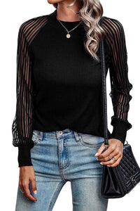 Ribbed Solid Color Striped Mesh Long Sleeve Top