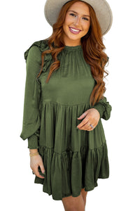 Moss Green Ruffled High Waist Long Sleeve Mini Dress