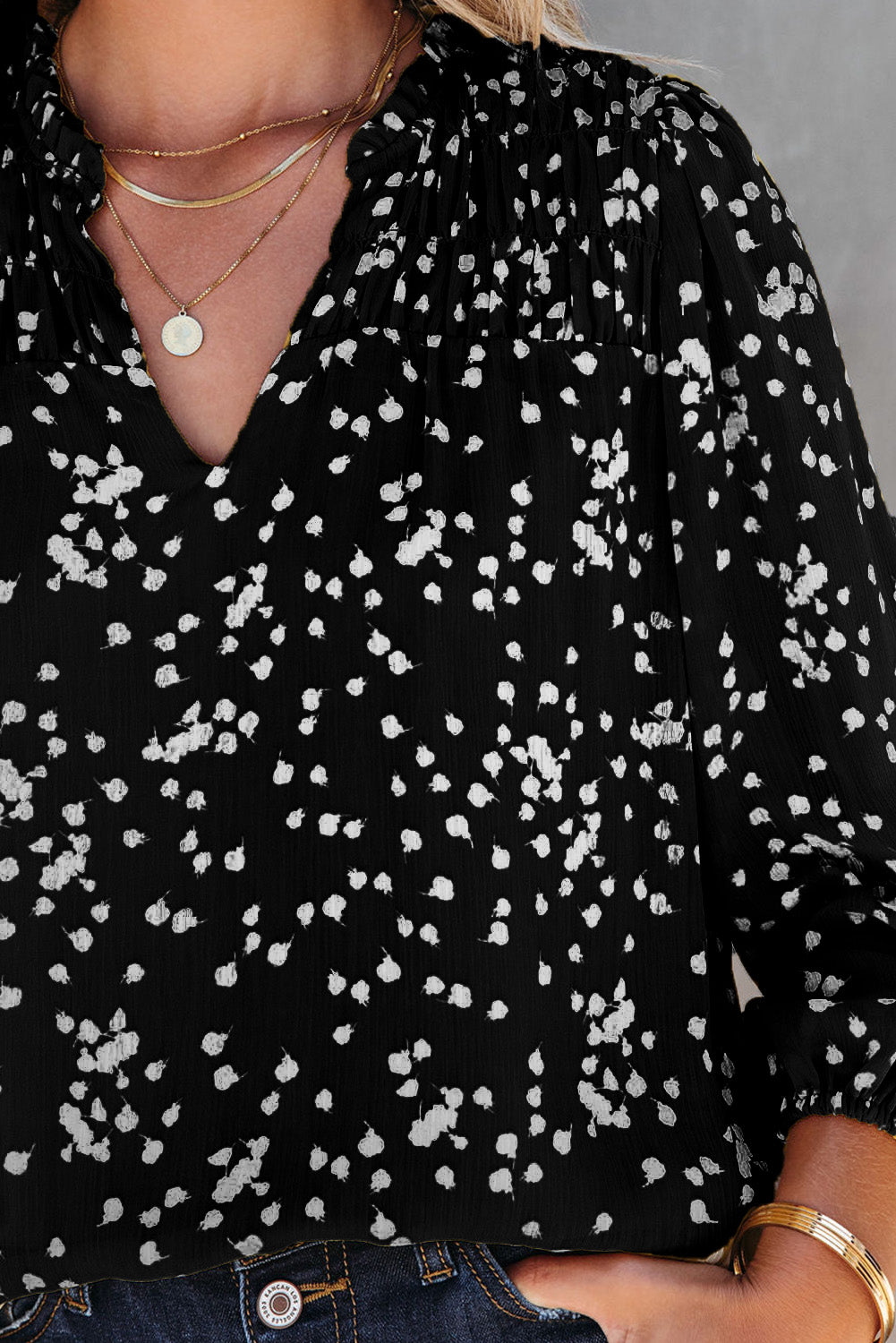 Frill Split V Neck Boho Crinkled Blouse