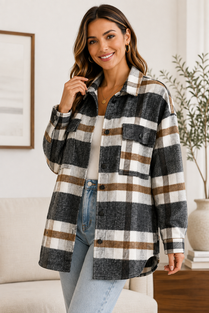 Navy Blue Plaid Button Flannel Shirt Jacket