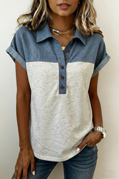 Grey Color Block Denim Short Sleeve Top