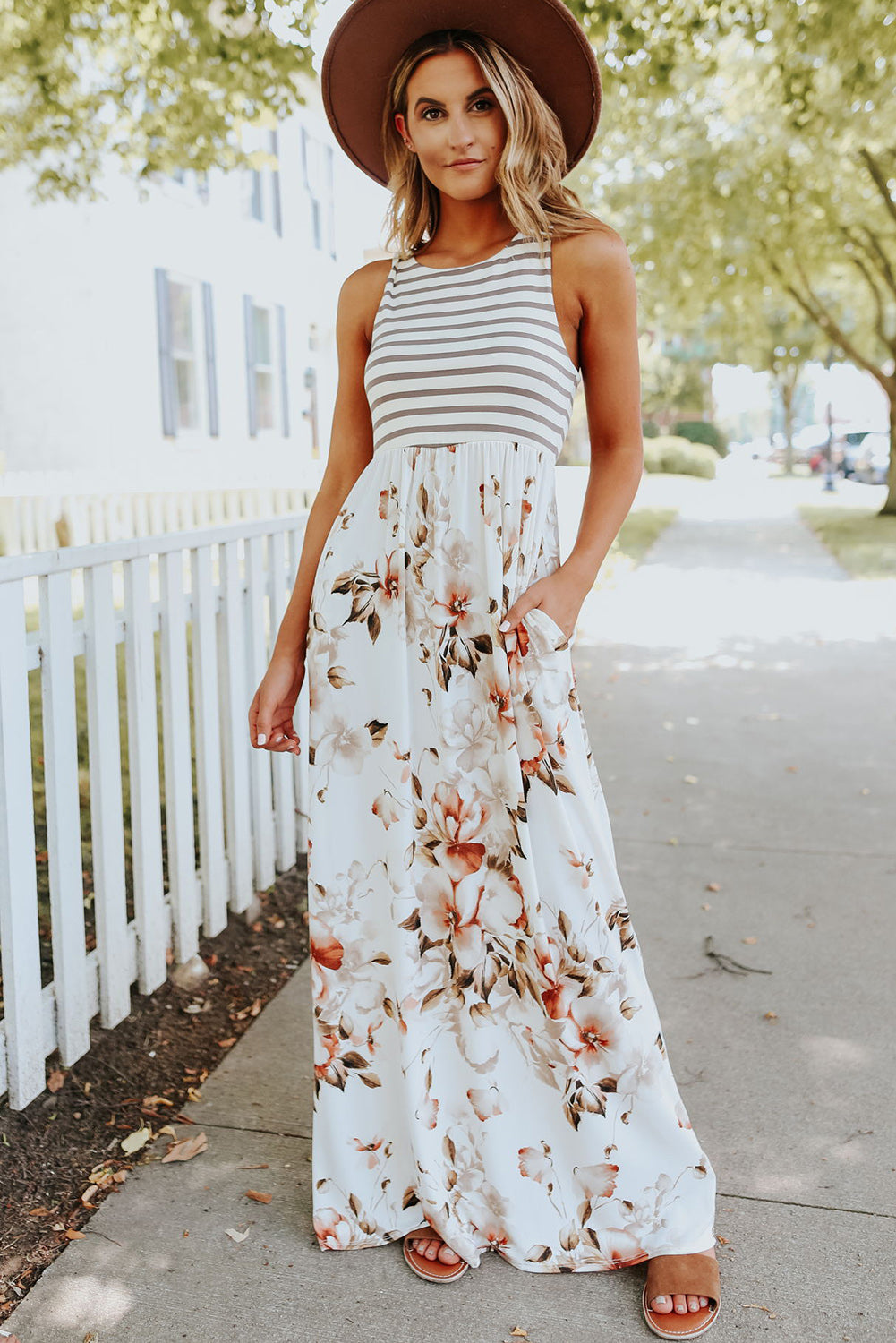Ashley-Boho Stripes & Floral Print Floor Length Maxi