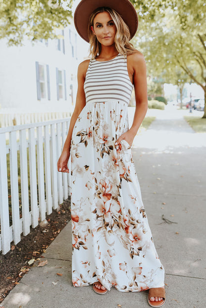 Ashley-Boho Stripes & Floral Print Floor Length Maxi