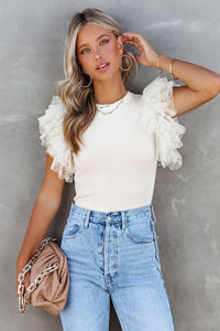 White Dotty Layered Ruffle Sleeve Casual Ribbed Knit Top