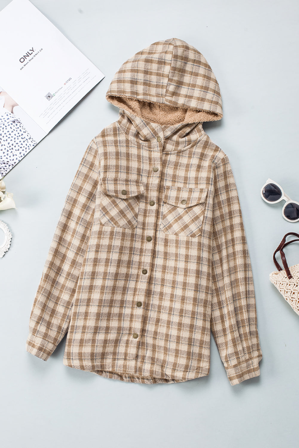 Orange Snap Button Sherpa Lined Hooded Flanne