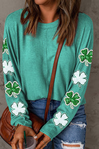 Green Sequin St Patrick Clover Patched Graphic Long Sleeve Tee