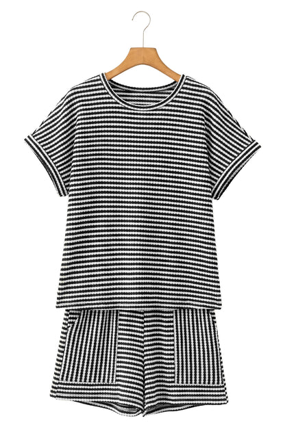 Brown Stripe Knit Short 2pcs Set