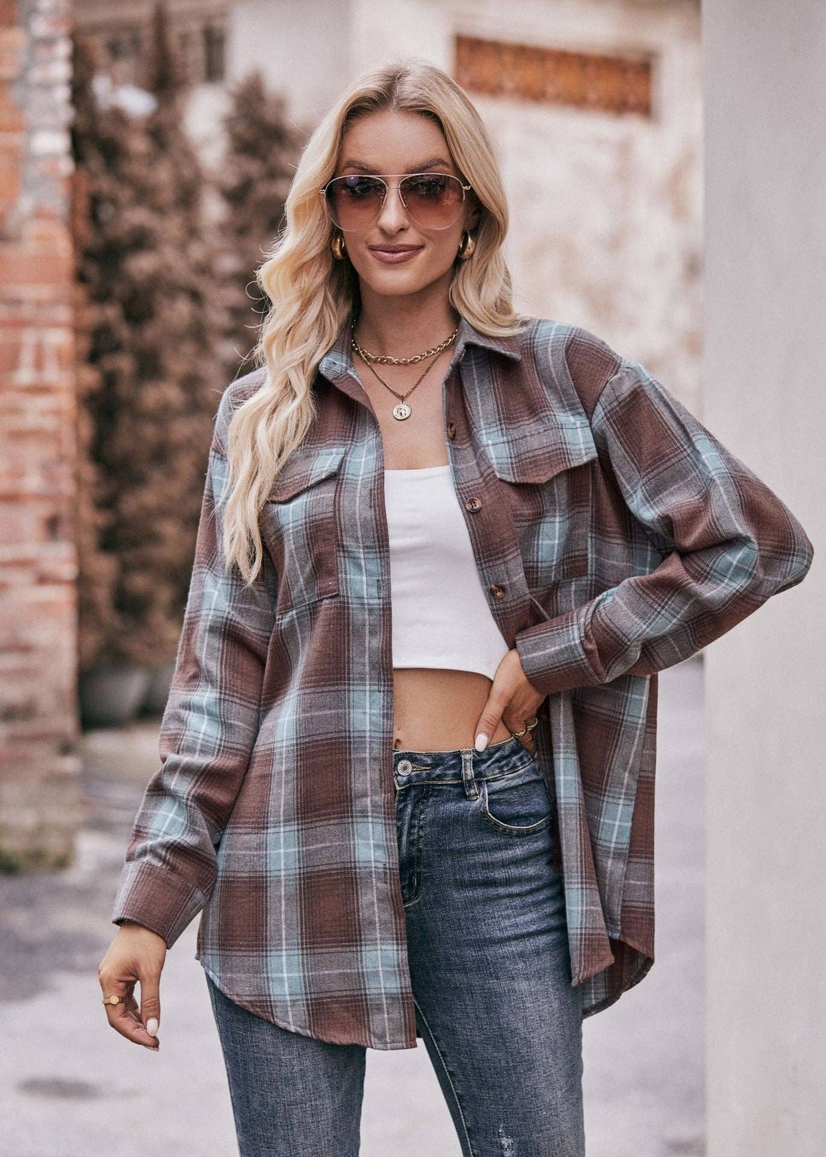 Oversized Plaid Shacket Womens Button Down Shirt Jacket