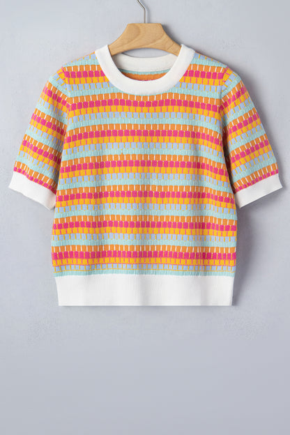 Orange Abstract Striped Knit Short Sleeve Sweater