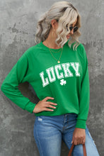 Load image into Gallery viewer, Green St Patricks LUCKY Clover Graphic Raglan Sleeve Sweatshirt