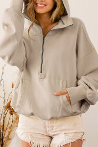 Brown Half Zip Pullover Hoodie with Kangaroo Pocket