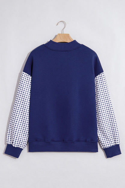 Russet Orange Plaid Sleeve Colorblock Loose Tunic Sweatshirt