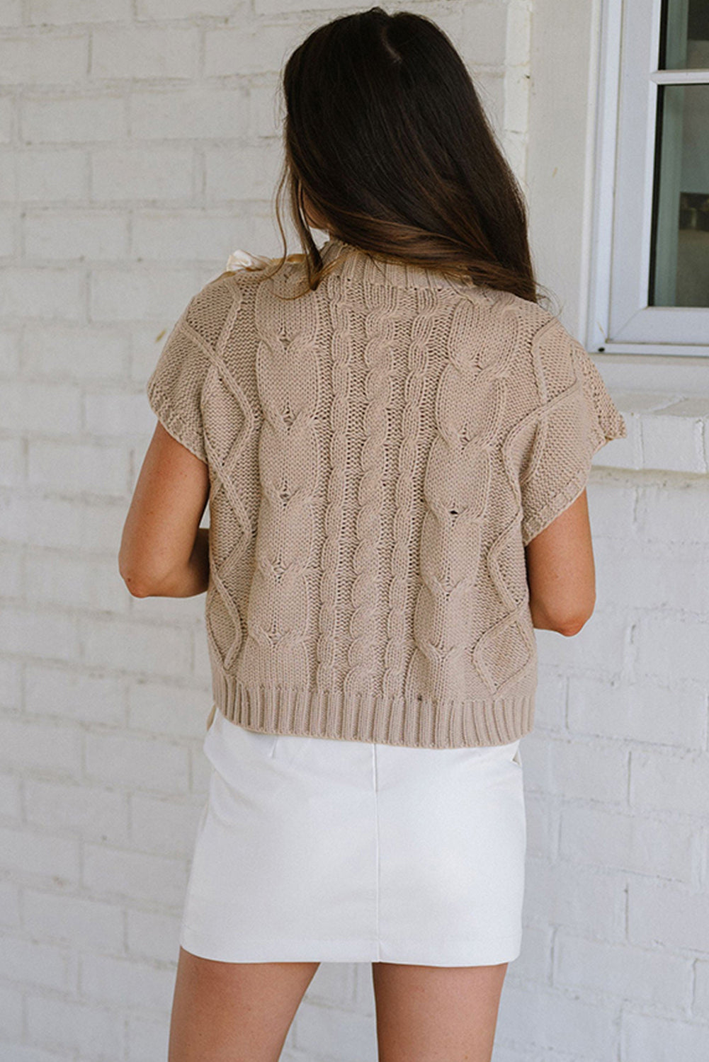 Stella Taupe Satin Bowknot Short Sleeve Sweater