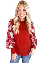 Load image into Gallery viewer, Fiery Red Contrast Mixed Animal Print Lantern Sleeve Patchwork Top