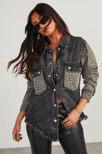 Load image into Gallery viewer, Black Leopard Patch Pocket Vintage Raw Hem Denim Jacket
