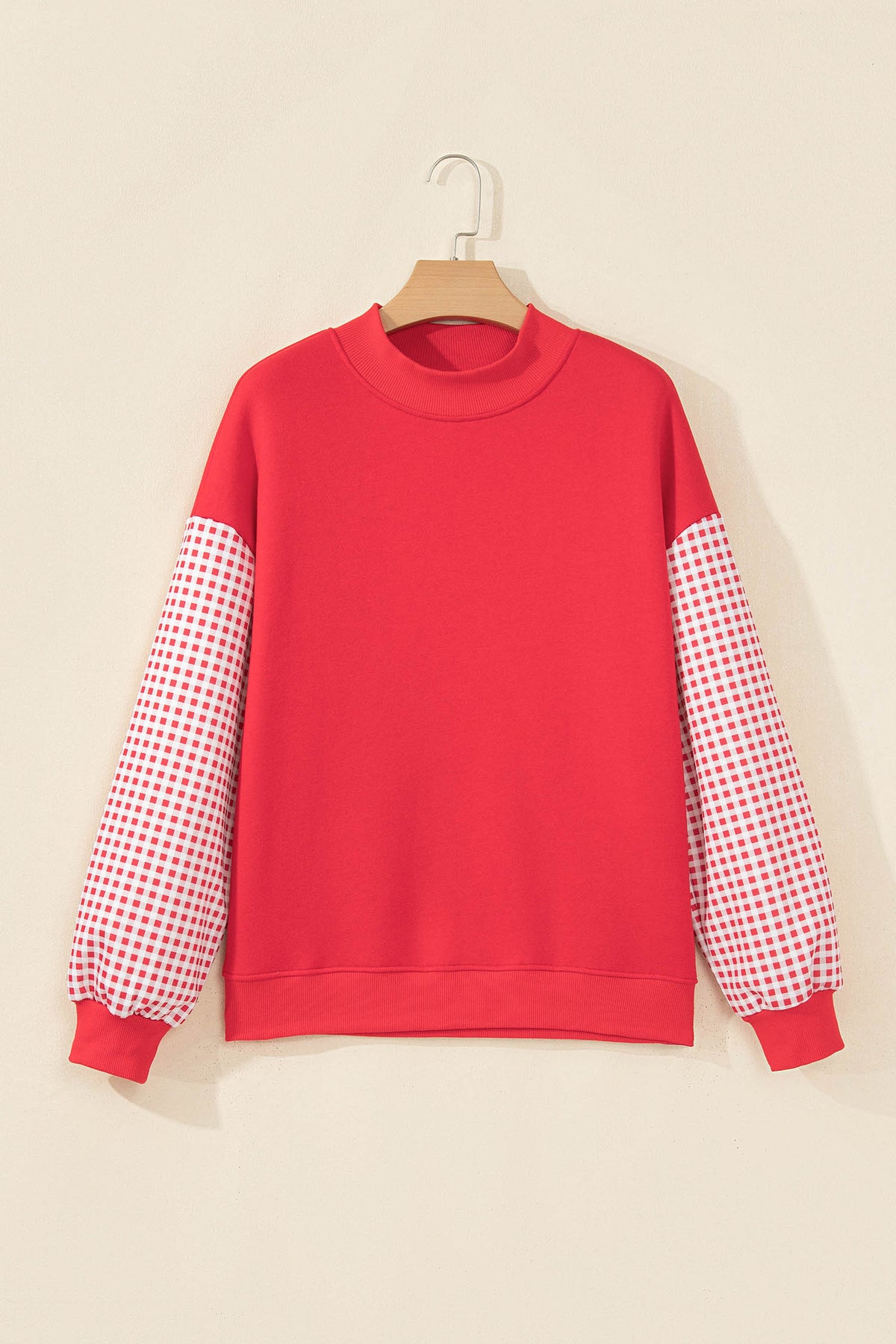 Russet Orange Plaid Sleeve Colorblock Loose Tunic Sweatshirt