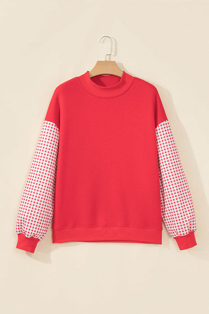 Russet Orange Plaid Sleeve Colorblock Loose Tunic Sweatshirt