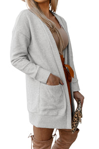 Beige Cable Knit Pocketed Open Front Long Cardigan