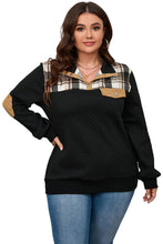 Load image into Gallery viewer, Black Plus Size Quilted Plaid Patch Henley Sweatshirt