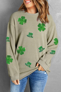 Green St Patrick Sequined Clover Graphic Corded Sweatshirt