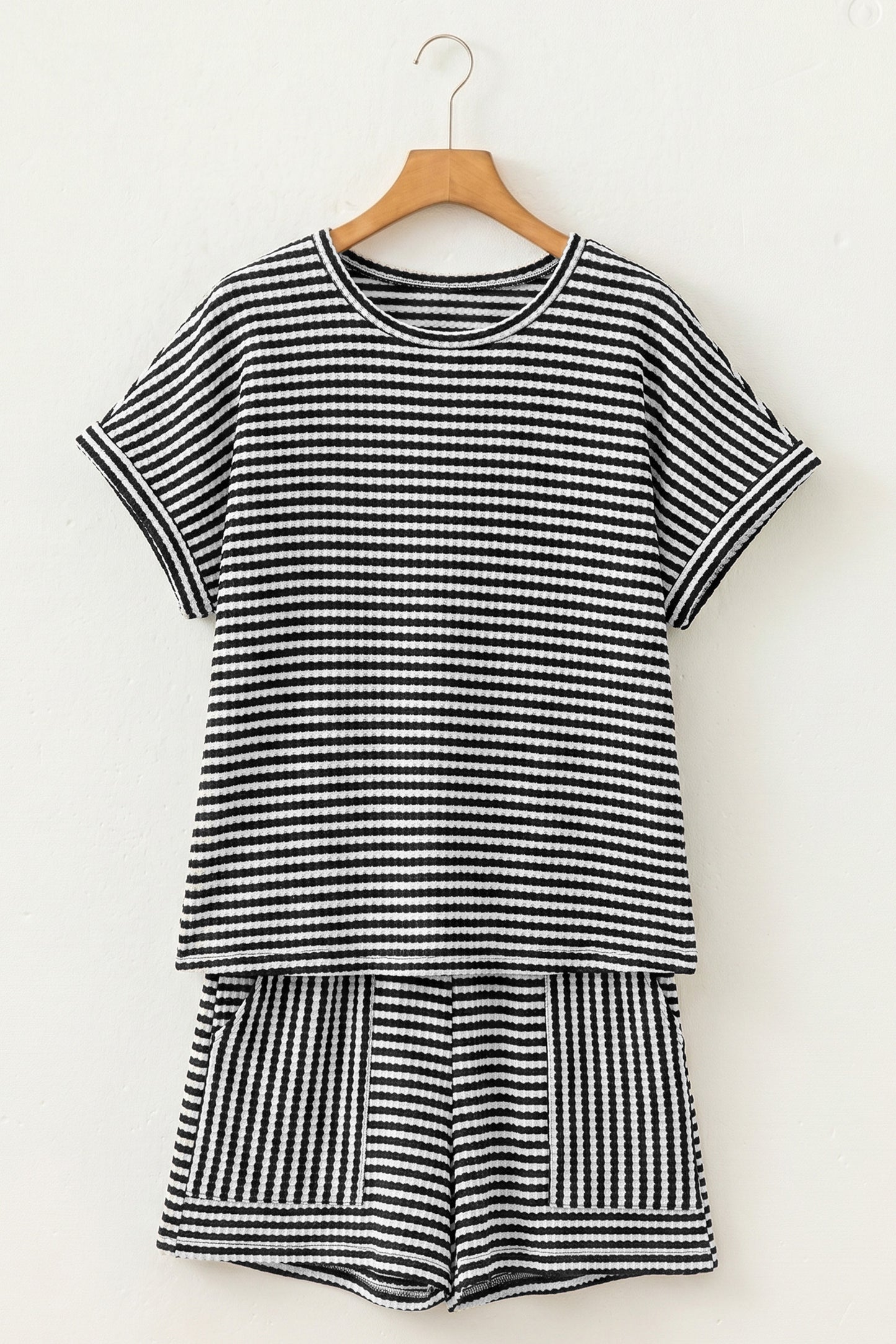 Brown Stripe Knit Short 2pcs Set
