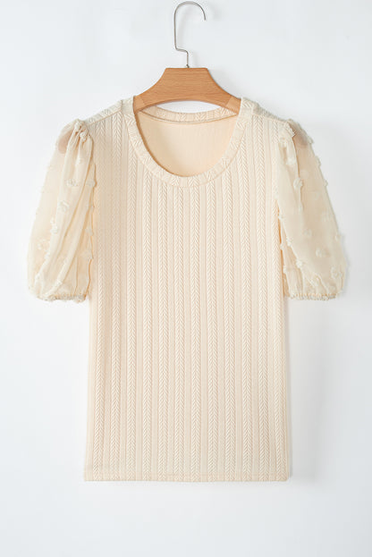 Apricot Polka Dot Mesh Puff Sleeve Textured Blouse