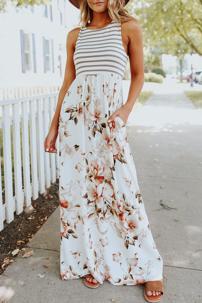 Ashley-Boho Stripes & Floral Print Floor Length Maxi